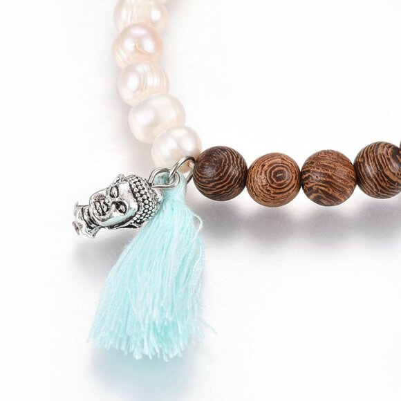 NWOT Natural Pearl & Burly wood bead Stretch Bracelet Tassel & Zen Buddha 2/$25 - Picture 4 of 4